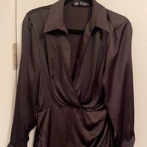 Zara Black Satin Wrap Dress Size M